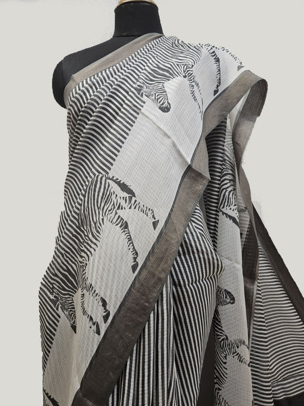 White & Black Handloom Mulberry Printed Silk Saree . Balaram Saha