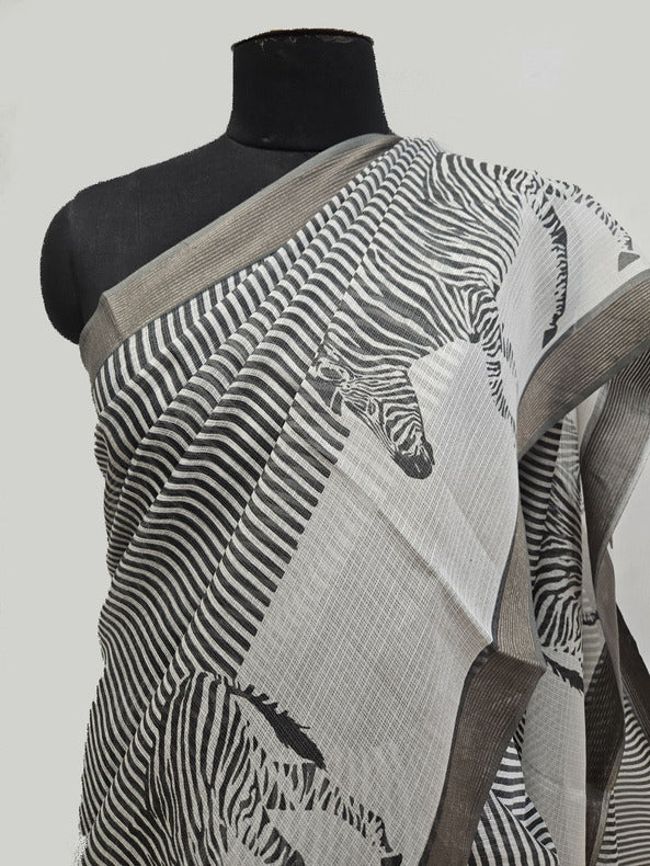 White & Black Handloom Mulberry Printed Silk Saree . Balaram Saha