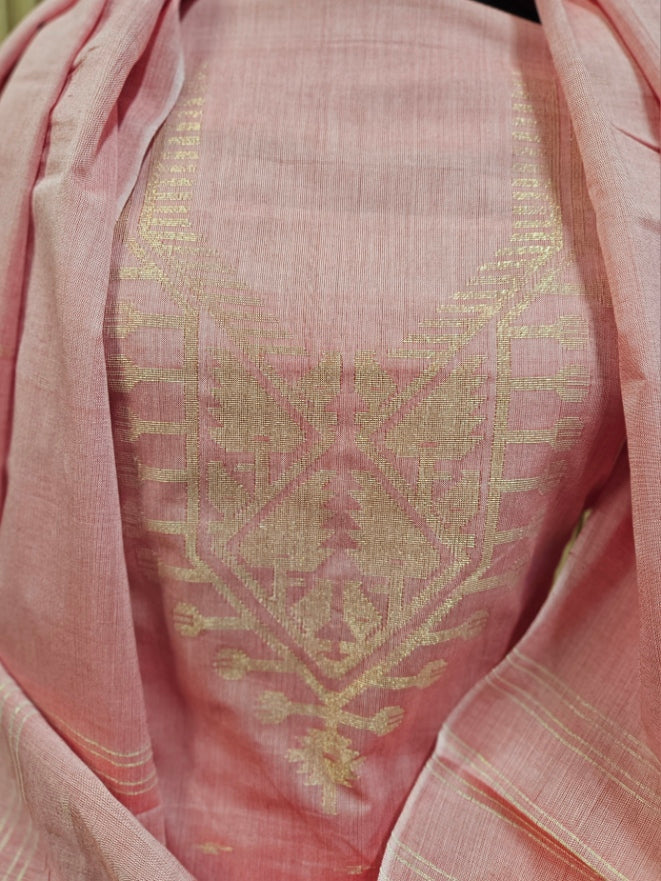 Peach & Gold Handwoven Cotton Jamdani 3-piece Kurta Set Balaram Saha