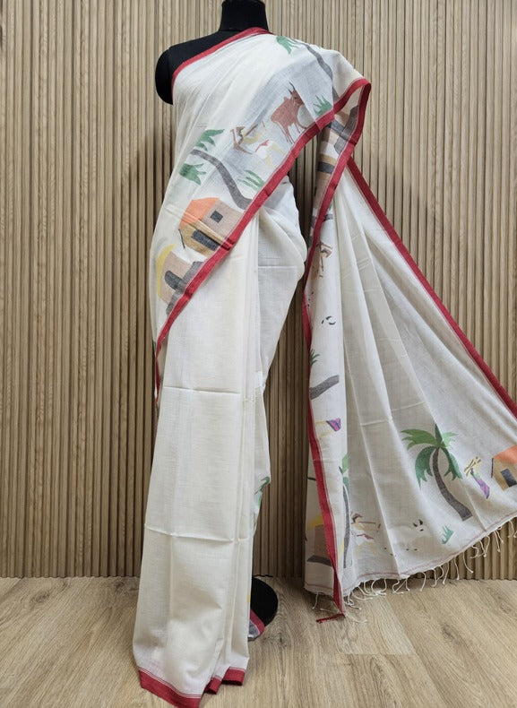 Of White & Multicolor Hnadwoven Handspun Cotton Jamdani Saree | ART OF JAMDANI Balaram Saha