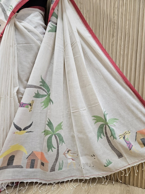 Of White & Multicolor Hnadwoven Handspun Cotton Jamdani Saree | ART OF JAMDANI Balaram Saha