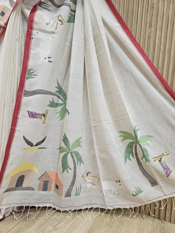 Of White & Multicolor Hnadwoven Handspun Cotton Jamdani Saree | ART OF JAMDANI Balaram Saha