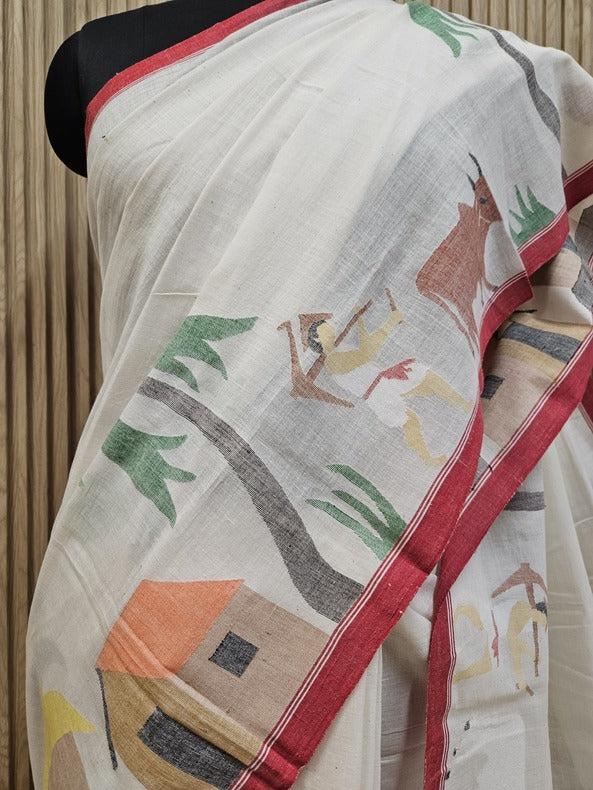 Of White & Multicolor Hnadwoven Handspun Cotton Jamdani Saree | ART OF JAMDANI Balaram Saha