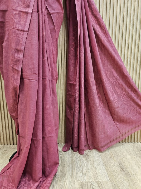 Onion Red Soft Handloom Handwoven Muslin Cotton Jamdani Saree Balaram Saha