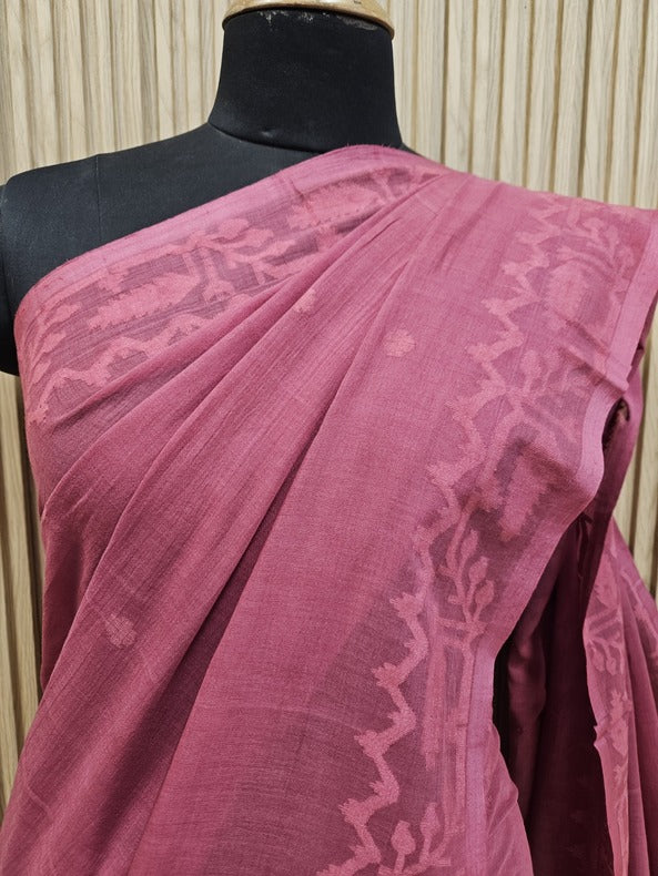 Onion Red Soft Handloom Handwoven Muslin Cotton Jamdani Saree Balaram Saha