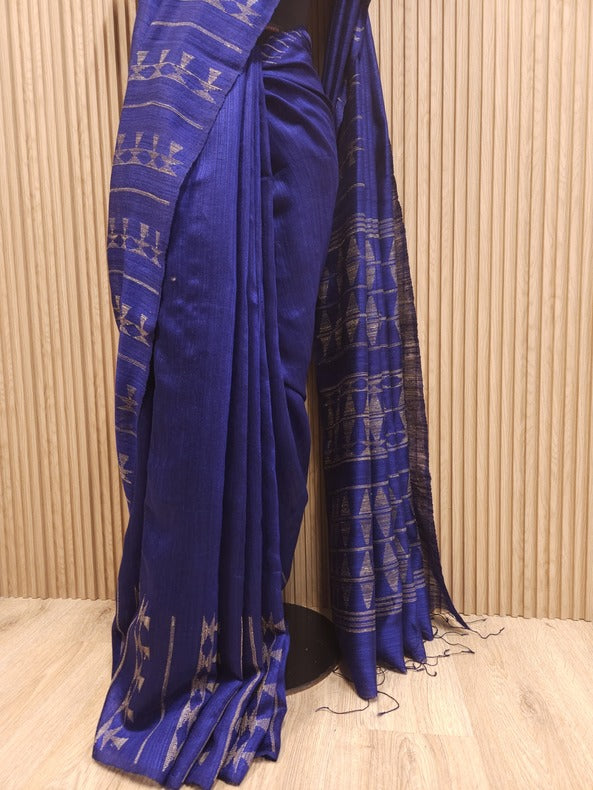 Navy Blue & Biege Handloom Matka Silk Saree Balaram Saha