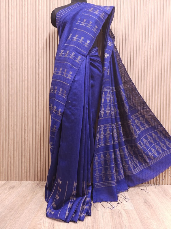 Navy Blue & Biege Handloom Matka Silk Saree Balaram Saha