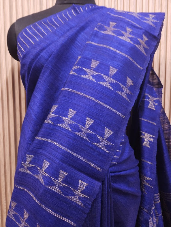 Navy Blue & Biege Handloom Matka Silk Saree Balaram Saha