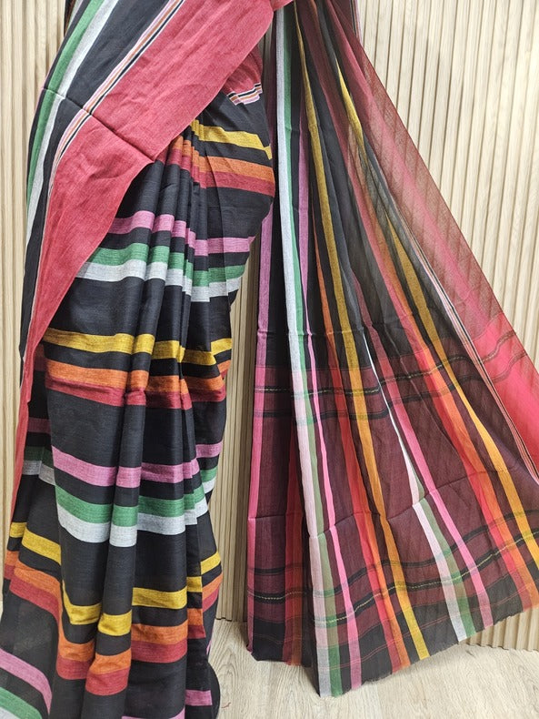 BLACK & RED HANDLOOM DHONEKALI COTTON SAREE Balaram Saha