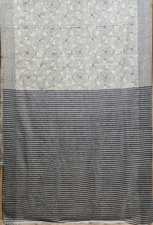 Timeless Charm: Cream & Grey Premium Bishnupuri Katan Kantha Silk Saree