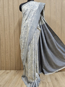 Timeless Charm: Cream & Grey Premium Bishnupuri Katan Kantha Silk Saree