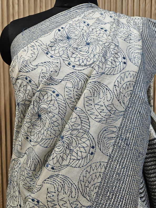 Timeless Charm: Cream & Grey Premium Bishnupuri Katan Kantha Silk Saree