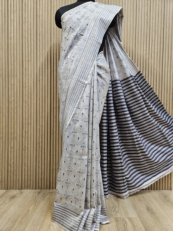 Luxurious Katan Silk| Balaram Saha's White Grey Kantha Stitch Saree