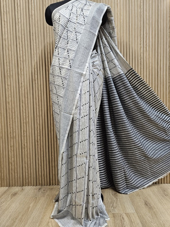 Heritage Charm: Balaram Saha's White & Grey Kantha Stitch Silk Saree - Balaram Saha