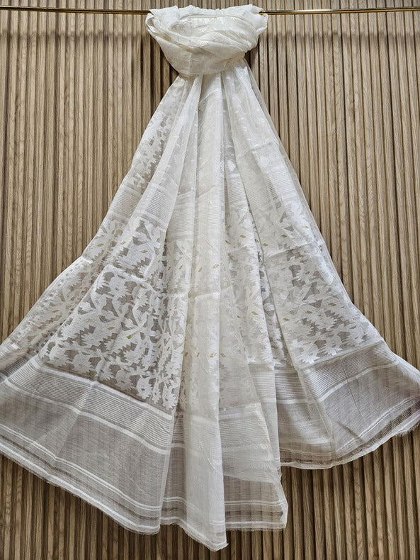 White & White Traditional Jacquard Weave Dhakai Dupatta - Balaram Saha