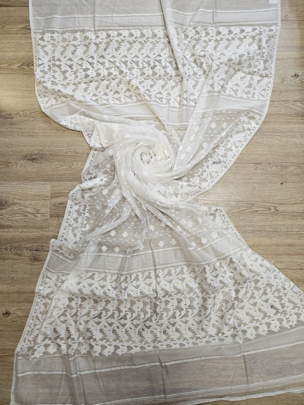 White & White Traditional Jacquard Weave Dhakai Dupatta - Balaram Saha