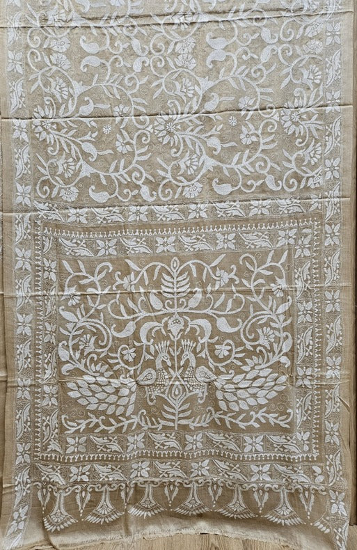 Luxurious Fusion: Cream & White Gachhi Tussar Kantha by Balaram Saha