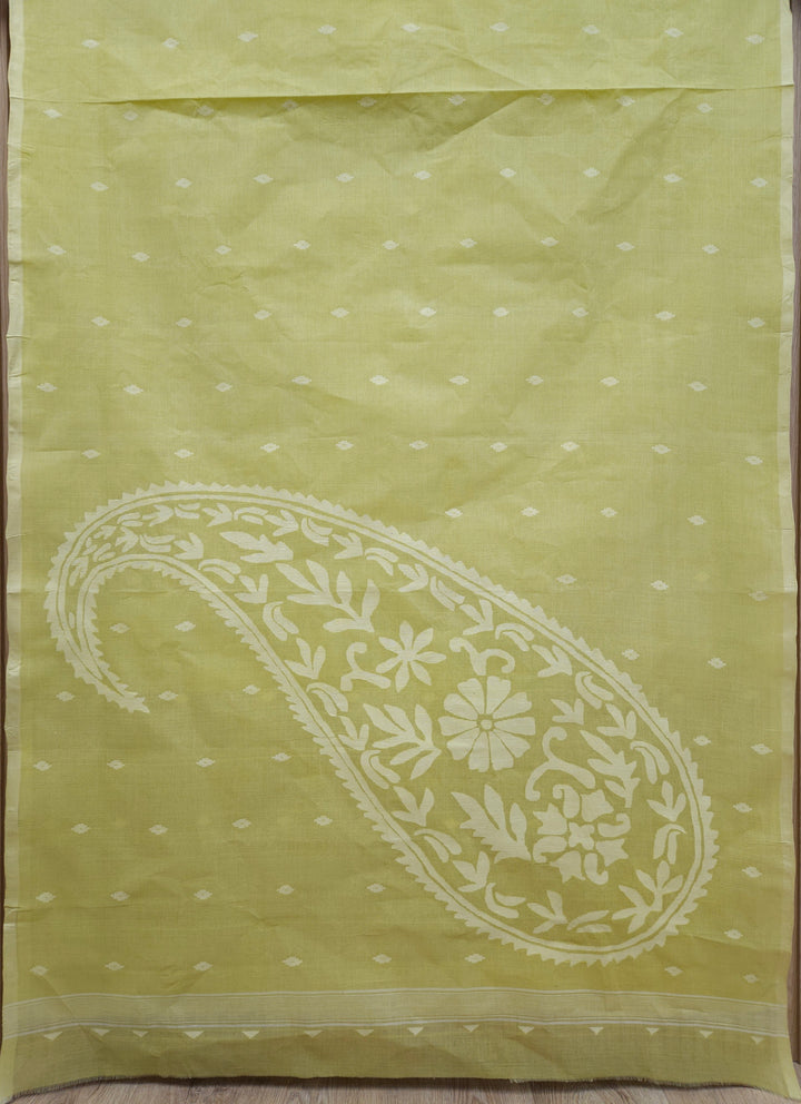 Lemon Green Handloom Traditional Cotton Handwoven Jamdani Saree - Balaram Saha