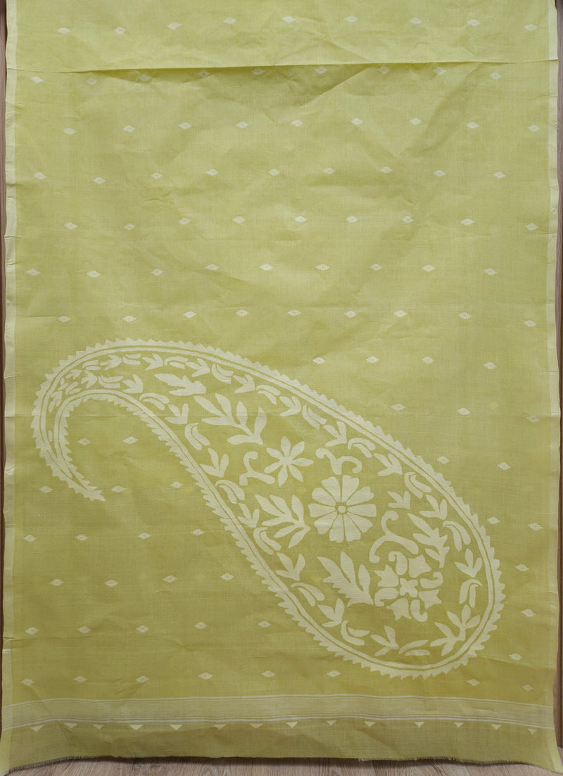 Lemon Green Handloom Traditional Cotton Handwoven Jamdani Saree