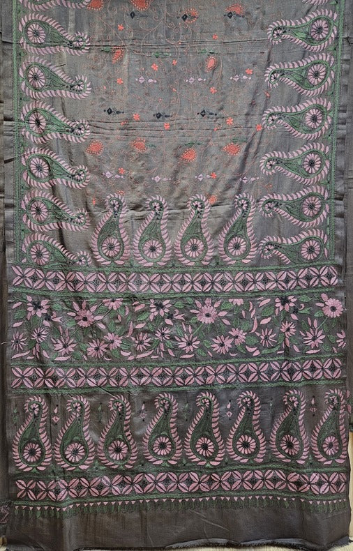 Natural Shade Tussar Handstitch Kantha Silk Saree Balaram Saha