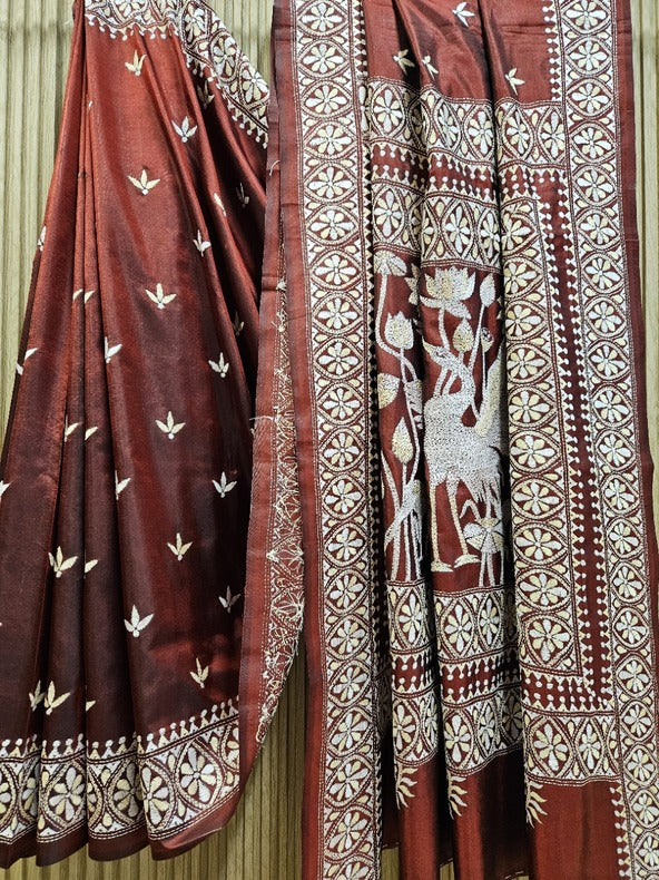 Pure Luxury: Mutard & Black Tussar Kantha Silk Saree by Balaram Saha Balaram Saha