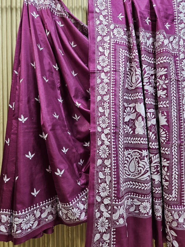 A Timeless Statement: Beige & Brown Handloom Katan Silk Kantha Saree by Balaram Saha Balaram Saha