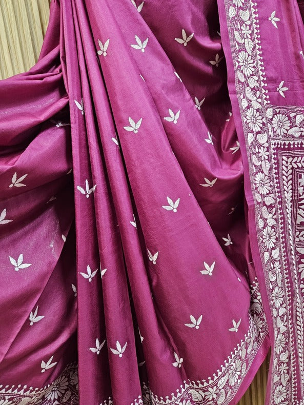 A Timeless Statement: Beige & Brown Handloom Katan Silk Kantha Saree by Balaram Saha Balaram Saha