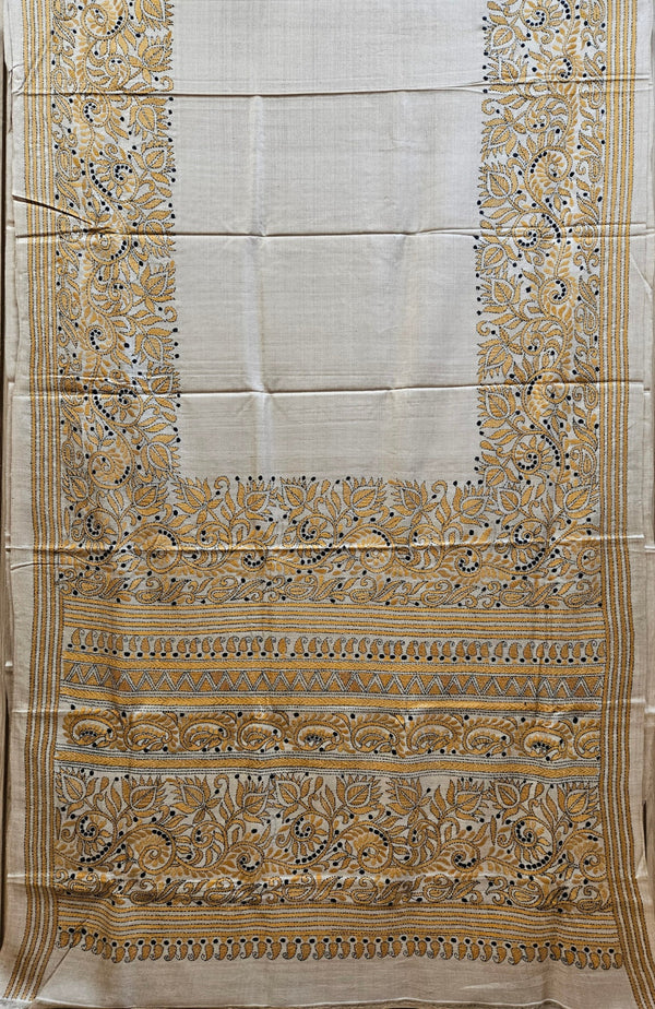 Luxurious Cream Tussar Silk with Handcrafted Kantha by Balaram Saha Balaram Saha