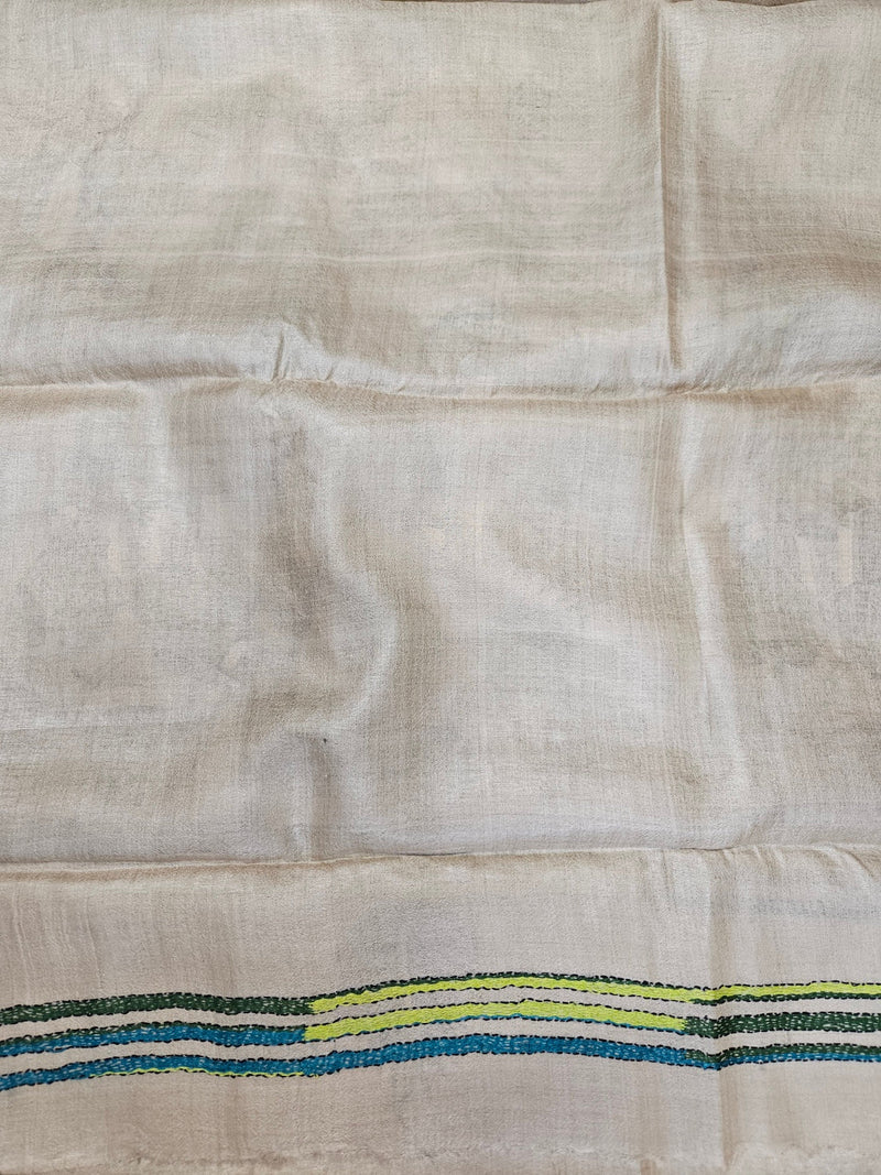 Hand-Stitched Handloom Masterpiece: The Natural Shade & Pink Kantha Silk Saree by Balaram Saha Balaram Saha