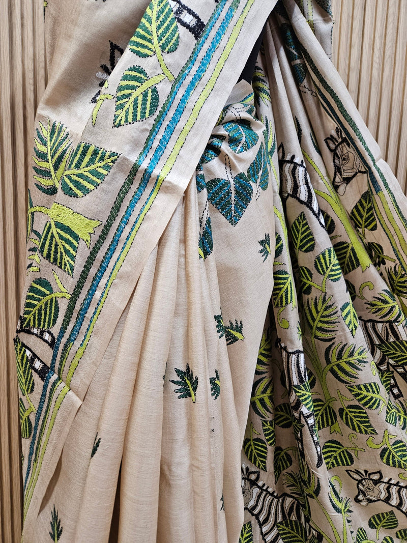 Hand-Stitched Handloom Masterpiece: The Natural Shade & Pink Kantha Silk Saree by Balaram Saha Balaram Saha