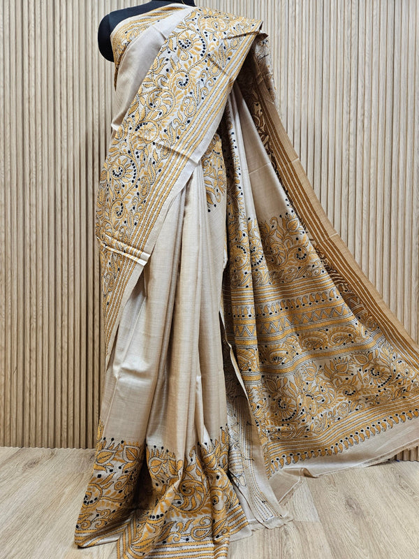 Luxurious Cream Tussar Silk with Handcrafted Kantha by Balaram Saha Balaram Saha