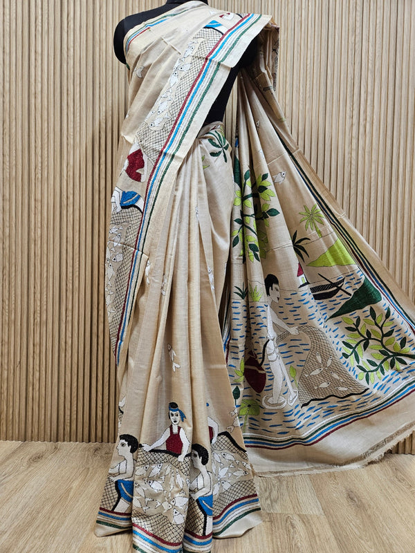 Balaram Saha's Owl Magic: Multicolor Handstitch Kantha Tussar Silk Saree Balaram Saha