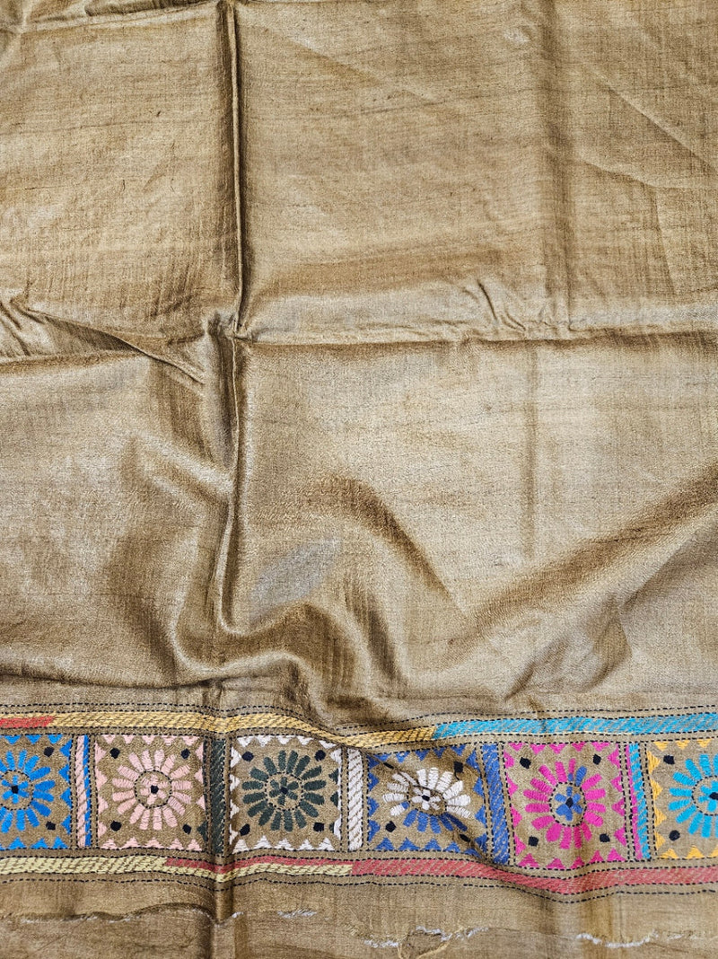 The Art of Elegance: Green & Multi Handstitch Kantha Tussar Silk Saree by Balaram Saha Balaram Saha