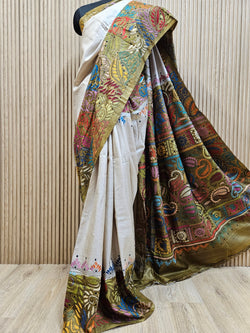 The Art of Elegance: Green & Multi Handstitch Kantha Tussar Silk Saree by Balaram Saha Balaram Saha