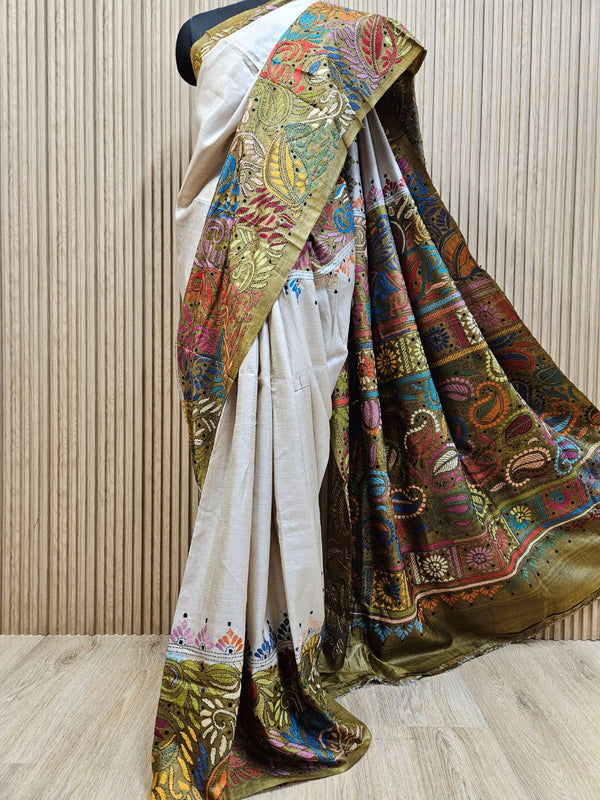 The Art of Elegance: Green & Multi Handstitch Kantha Tussar Silk Saree by Balaram Saha Balaram Saha