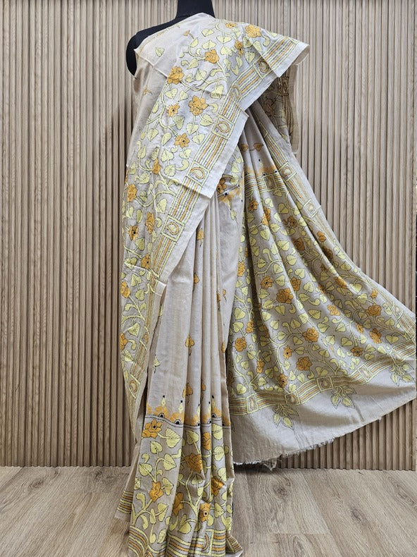 Luxurious Cream Tussar Silk with Handcrafted Kantha by Balaram Saha Balaram Saha