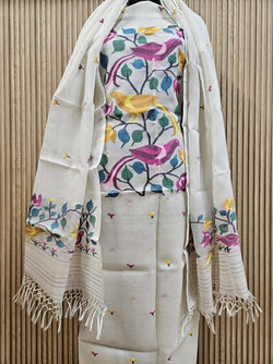White & Multi Coloured, Muslin Silk Handwoven Jamdani unstitched 2 piece set