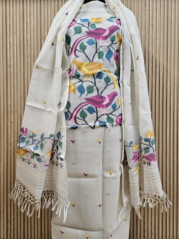 White & Multi Coloured, Muslin Silk Handwoven Jamdani unstitched 2 piece set