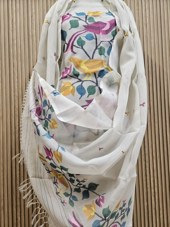 White & Multi Coloured, Muslin Silk Handwoven Jamdani unstitched 2 piece set Balaram Saha