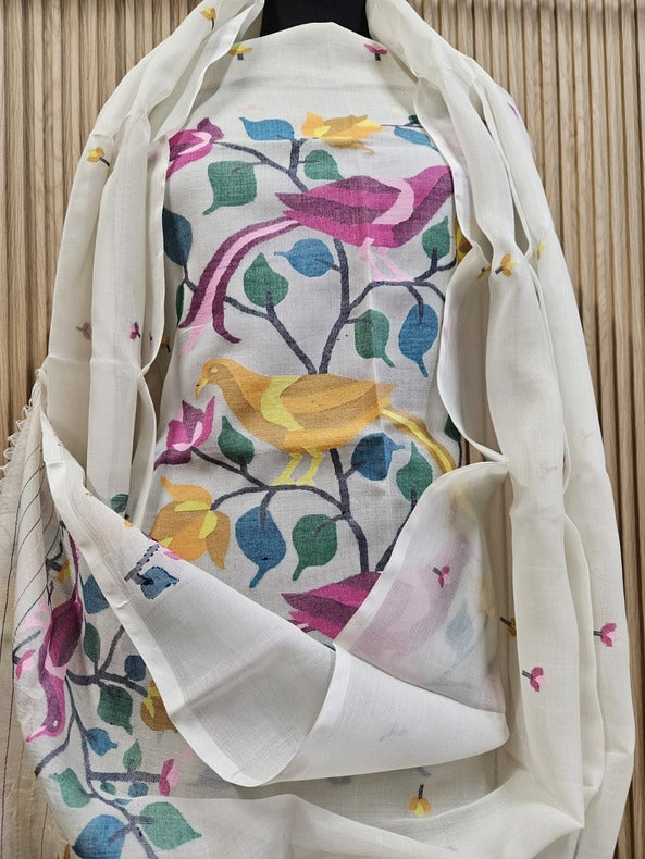 White & Multi Coloured, Muslin Silk Handwoven Jamdani unstitched 2 piece set Balaram Saha