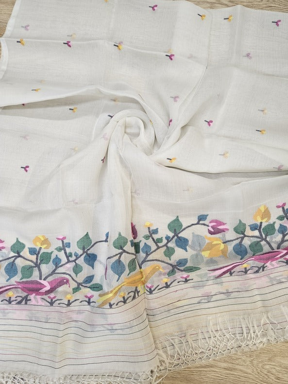 White & Multi Coloured, Muslin Silk Handwoven Jamdani unstitched 2 piece set
