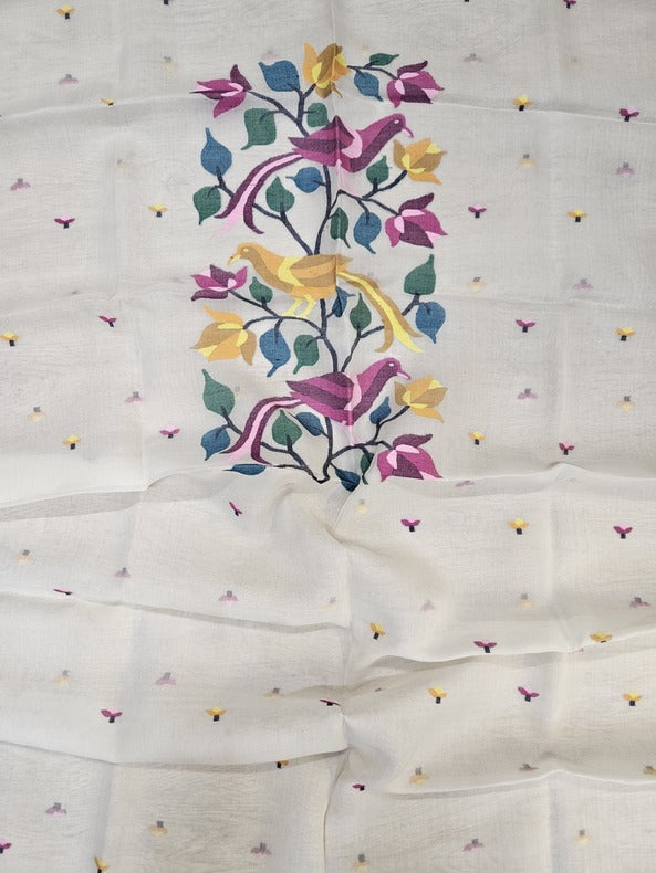White & Multi Coloured, Muslin Silk Handwoven Jamdani unstitched 2 piece set Balaram Saha
