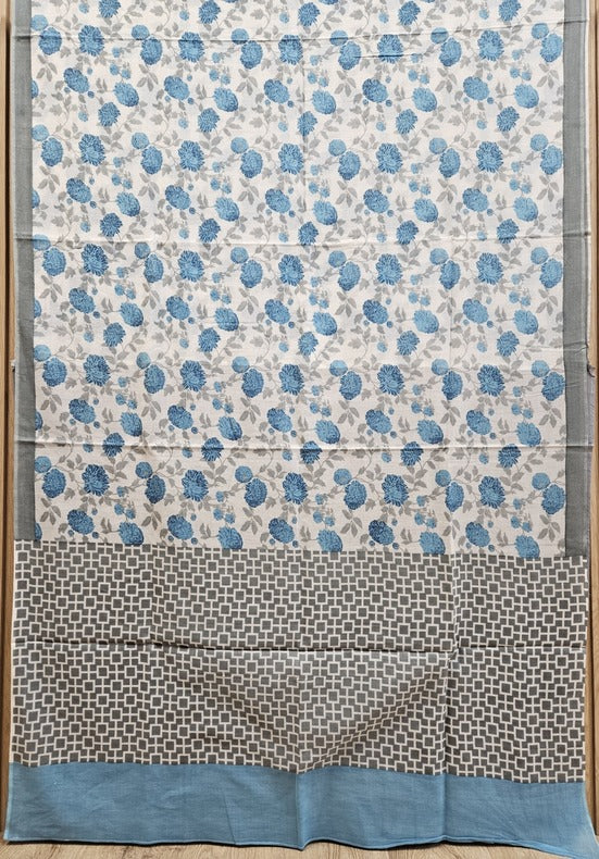 White & Blue Handloom Finest Mul Printed Cotton Saree Balaram Saha