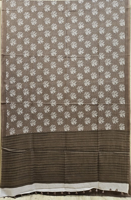 Brown & White Handloom Finest Mul Printed Cotton Saree Balaram Saha