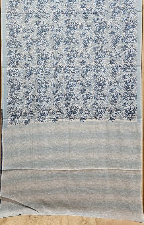 White/Blue Handloom Finest Mul Printed Cotton Saree Balaram Saha