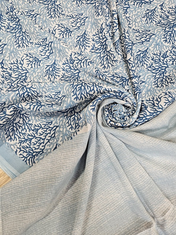 White/Blue Handloom Finest Mul Printed Cotton Saree Balaram Saha