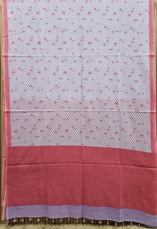 White & Red Handloom Finest Mul Printed Cotton Saree Balaram Saha