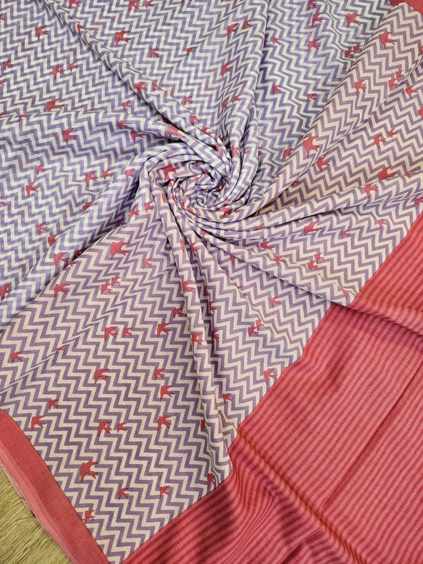 White & Red Handloom Finest Mul Printed Cotton Saree Balaram Saha