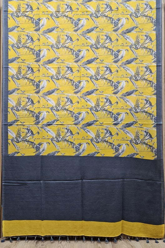 Yellow & Grey Handloom Finest Mul Print Cotton Saree Balaram Saha