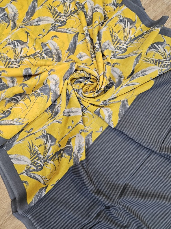 YEllow & Grey Handloom Finest Mul Print Cotton Saree Balaram Saha